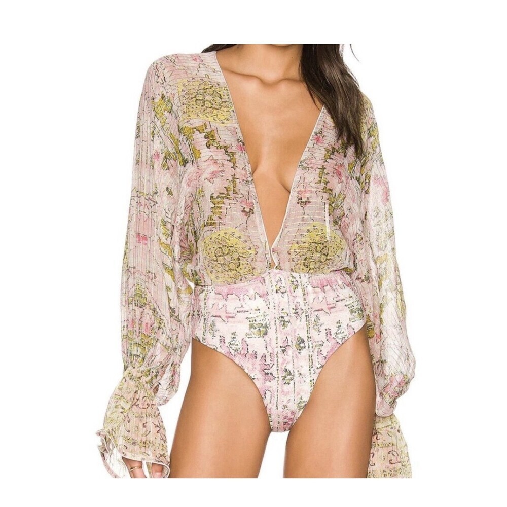 HEMANT AND NANDITA Maya Plunge v Neck Long Sleeve Large NWT NEW Sheer Floral L